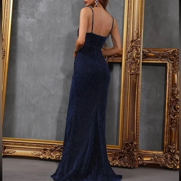 Luxe flit thigh glitter party formal evening prom bridesmaids wedding gown - Picture 3 of 7